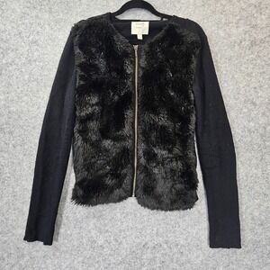 Black Full Zip Sweater Womens XS Wool Cashmere Faux Fur Cozy Glam WOOLLY MINDED